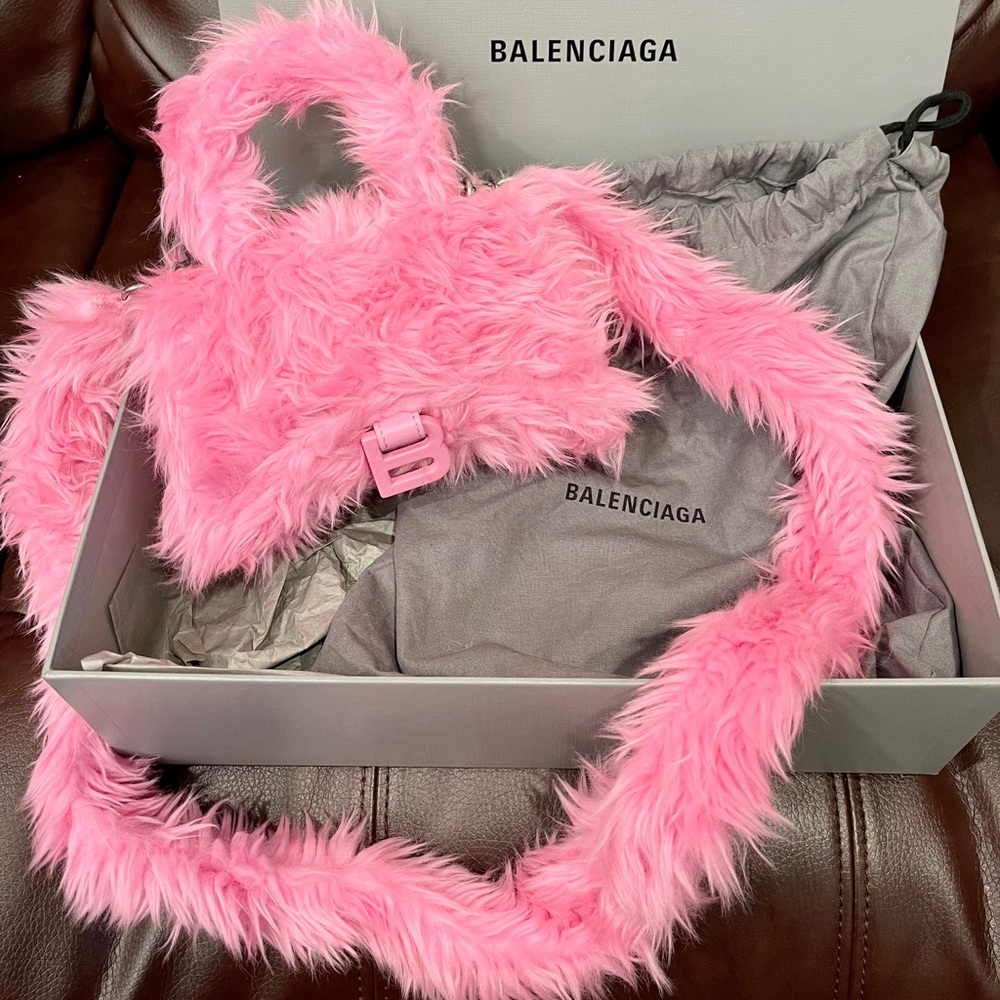 Balenciaga hourglass XS Small faux fur furry fluffy top handle handbag tote pink